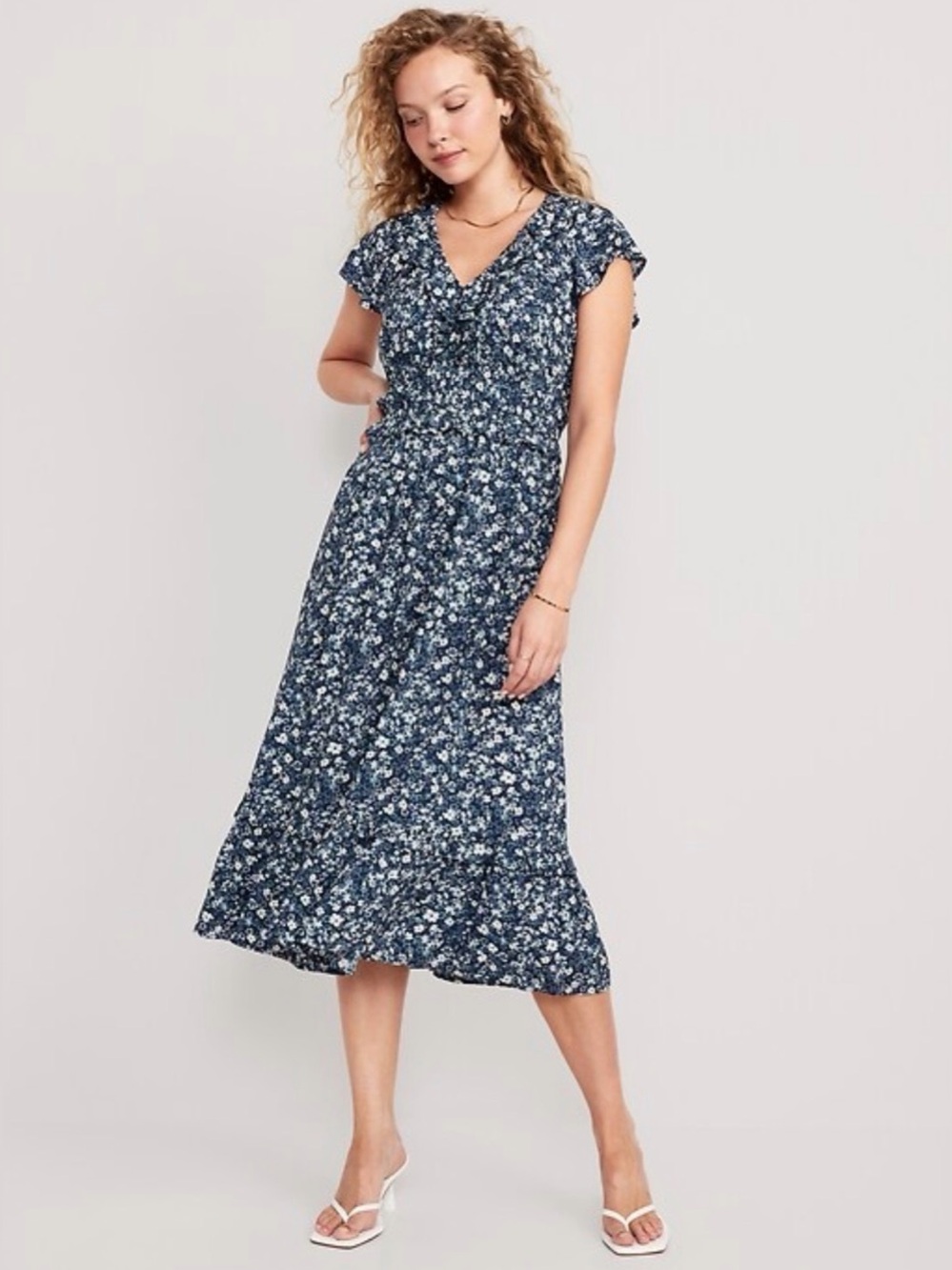 NWT Old Navy Waist-Defined Flutter-Sleeve Floral Midi Dress Size Large Blue